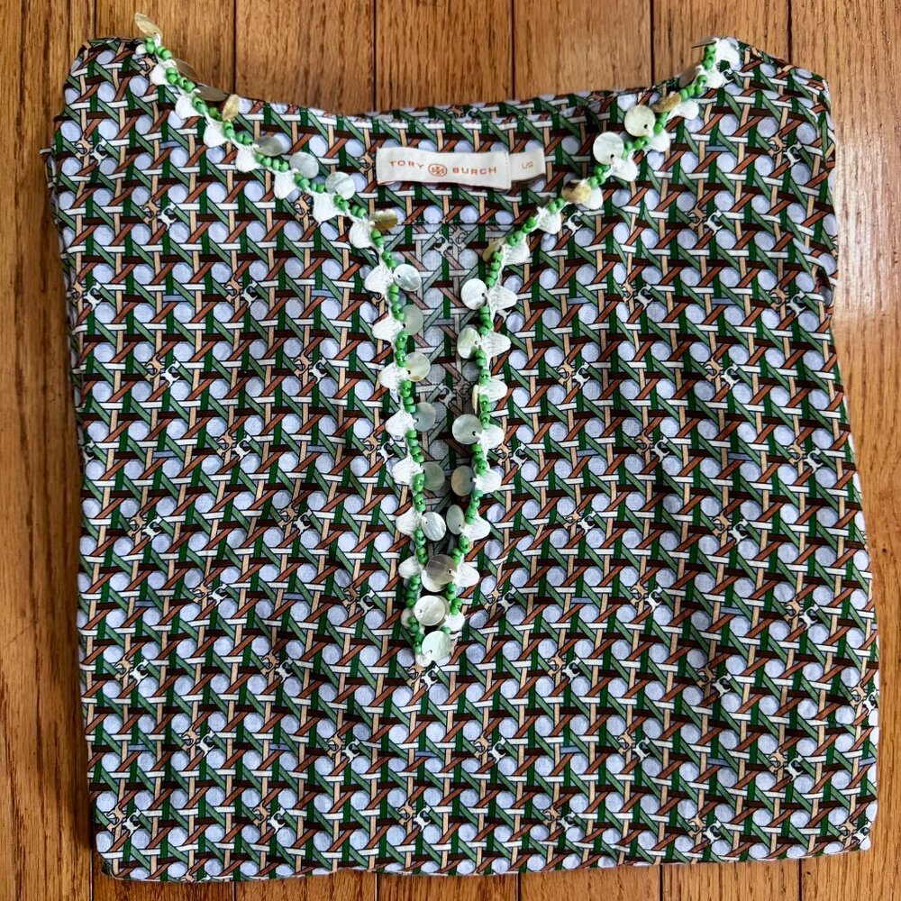 Tory Burch Shell Embellished Cane Weave Pattern Green Tan Resort Caftan - L - Picture 3 of 10